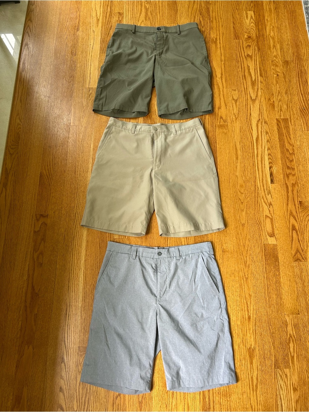 PGA Tour and Nike Men's Flat-Front Shorts Trio - Olive Green, Khaki, Light Gray